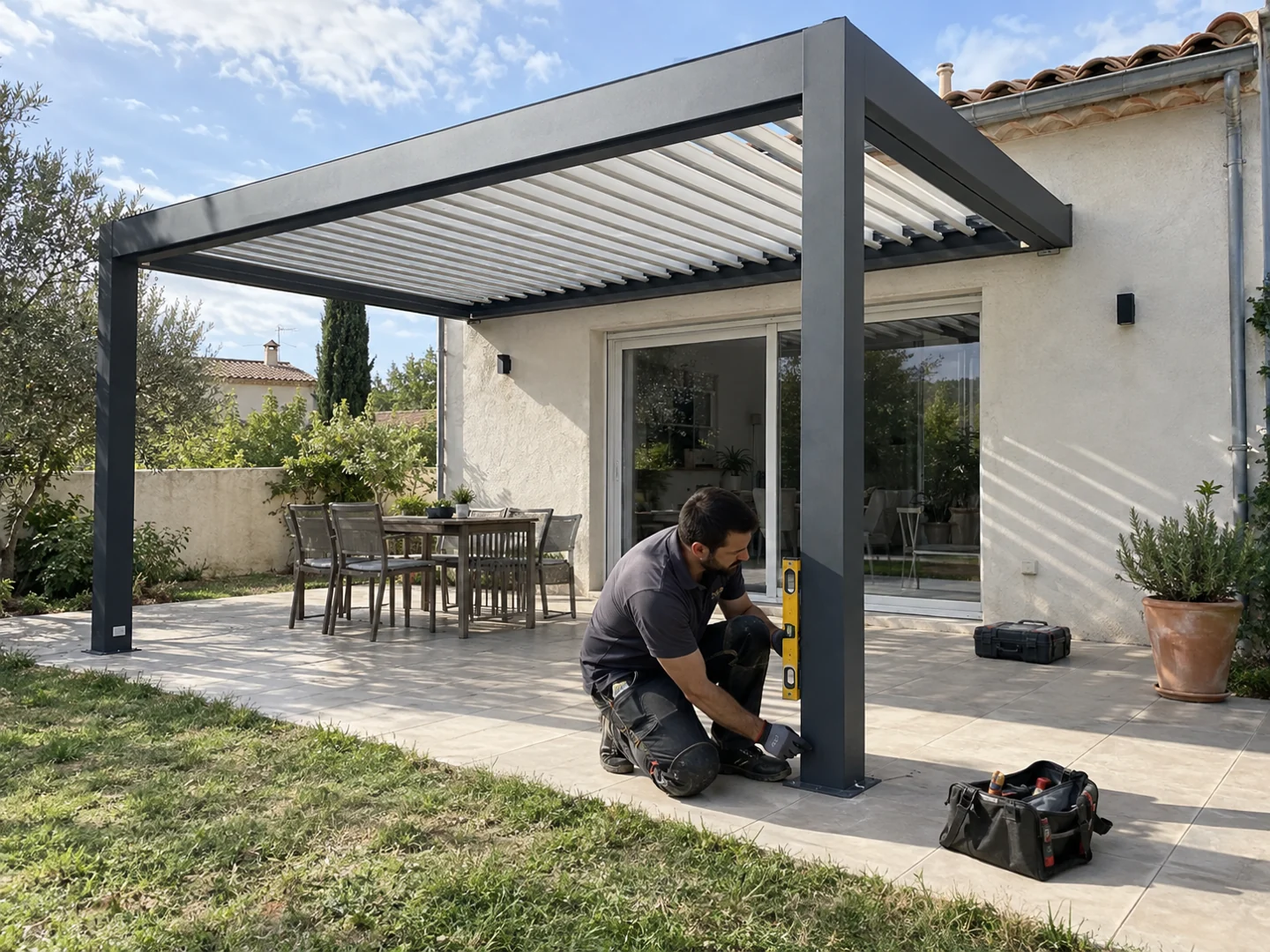 Illustration d’un artisan ajustant la fixation d’une pergola
