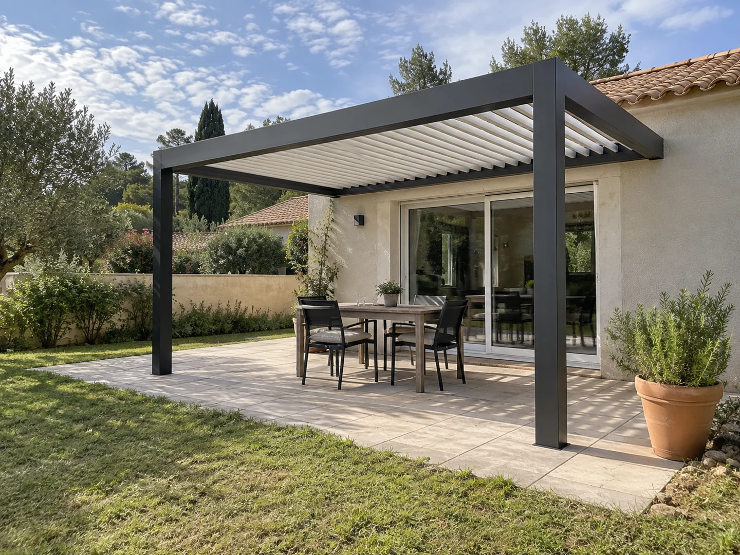 Pergola graphite ouverte sur le jardin d’une maison méditerranéenne